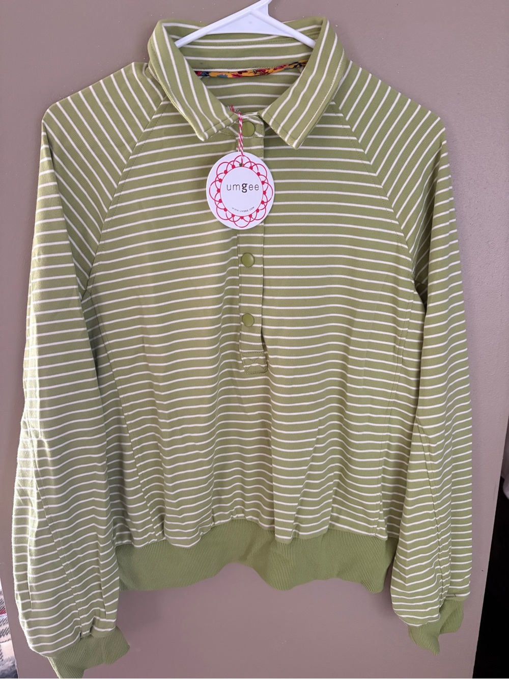 Umgee Olive & White Striped Long-Sleeve Polo Top